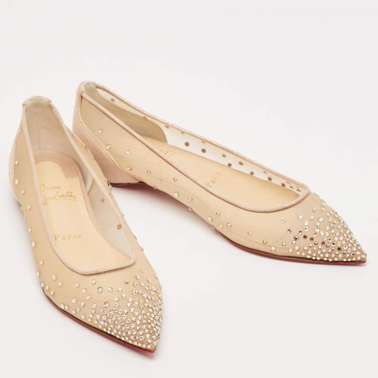 Pre Owned Christian Louboutin Metallic Beige Suede and Mesh Follies Strass Ballet Flats Size 36.5