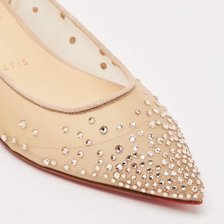 Pre Owned Christian Louboutin Metallic Beige Suede and Mesh Follies Strass Ballet Flats Size 36.5