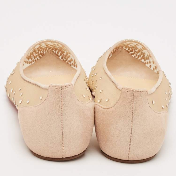 Pre Owned Christian Louboutin Metallic Beige Suede and Mesh Follies Strass Ballet Flats Size 36.5