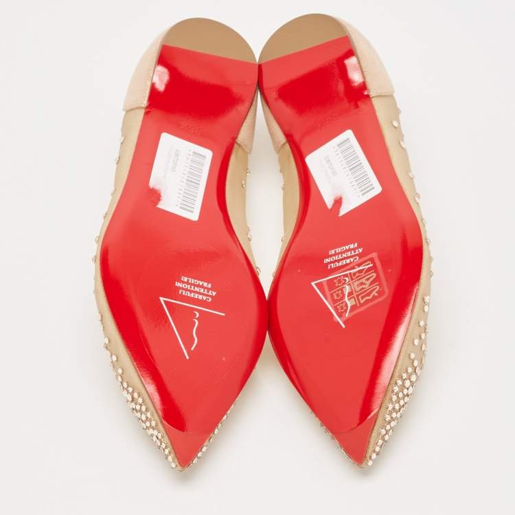 Pre Owned Christian Louboutin Metallic Beige Suede and Mesh Follies Strass Ballet Flats Size 36.5