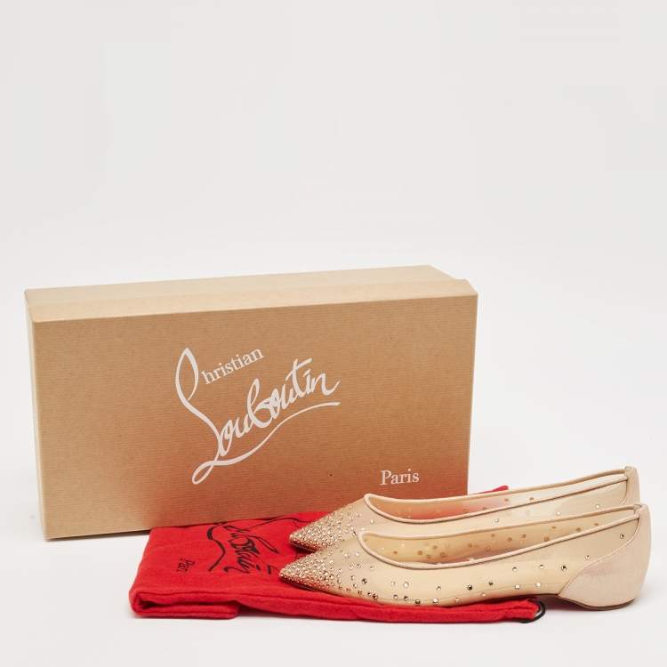 Pre Owned Christian Louboutin Metallic Beige Suede and Mesh Follies Strass Ballet Flats Size 36.5