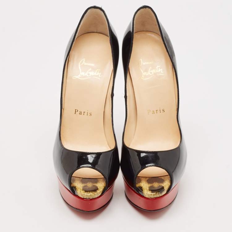 Pre Owned Christian Louboutin Black Patent Leather Lady Peep Toe Platform Pumps Size 35