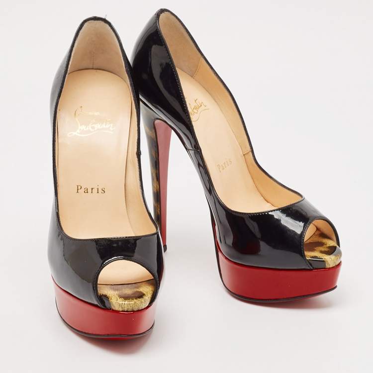 Pre Owned Christian Louboutin Black Patent Leather Lady Peep Toe Platform Pumps Size 35