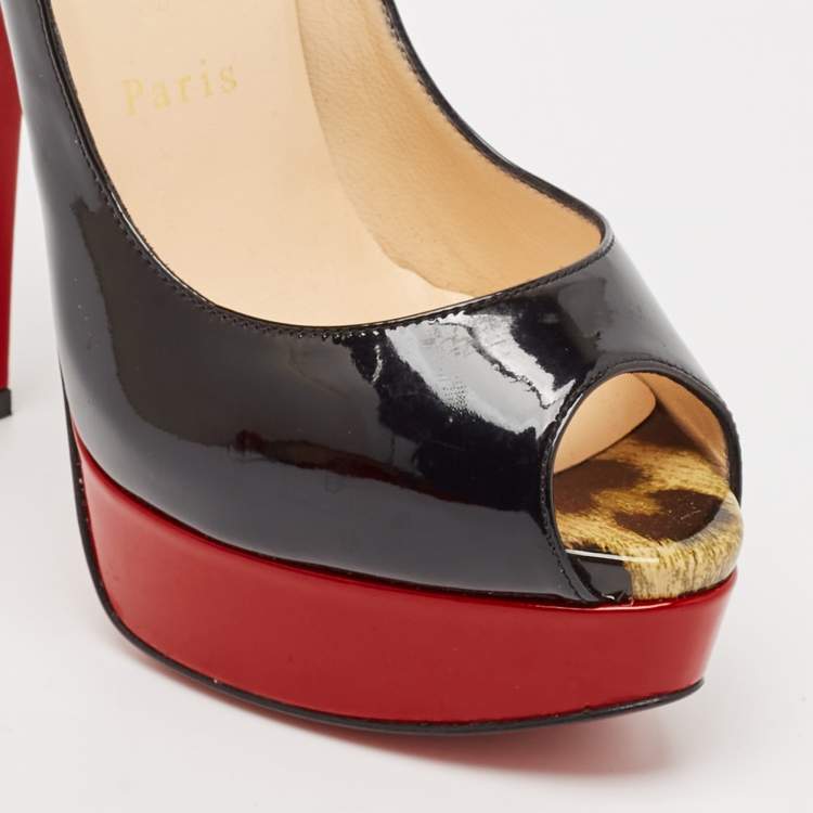Pre Owned Christian Louboutin Black Patent Leather Lady Peep Toe Platform Pumps Size 35