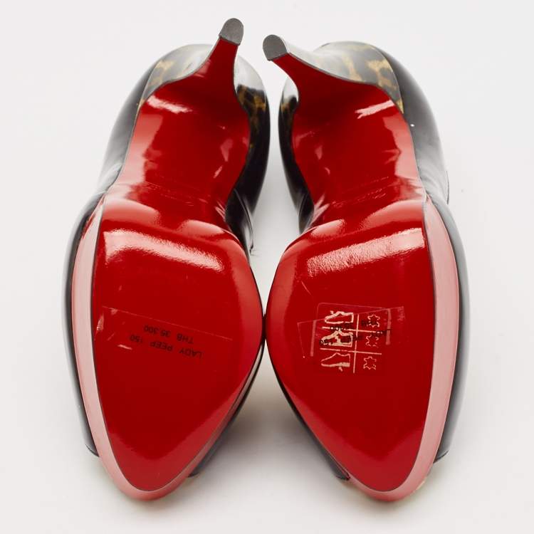 Pre Owned Christian Louboutin Black Patent Leather Lady Peep Toe Platform Pumps Size 35