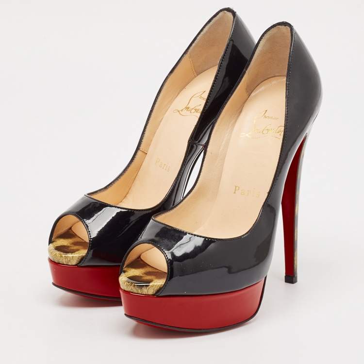 Pre Owned Christian Louboutin Black Patent Leather Lady Peep Toe Platform Pumps Size 35