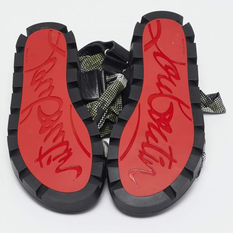 Pre Owned Christian Louboutin Green/Black Fabric and Leather Slingback Sandals Size 37
