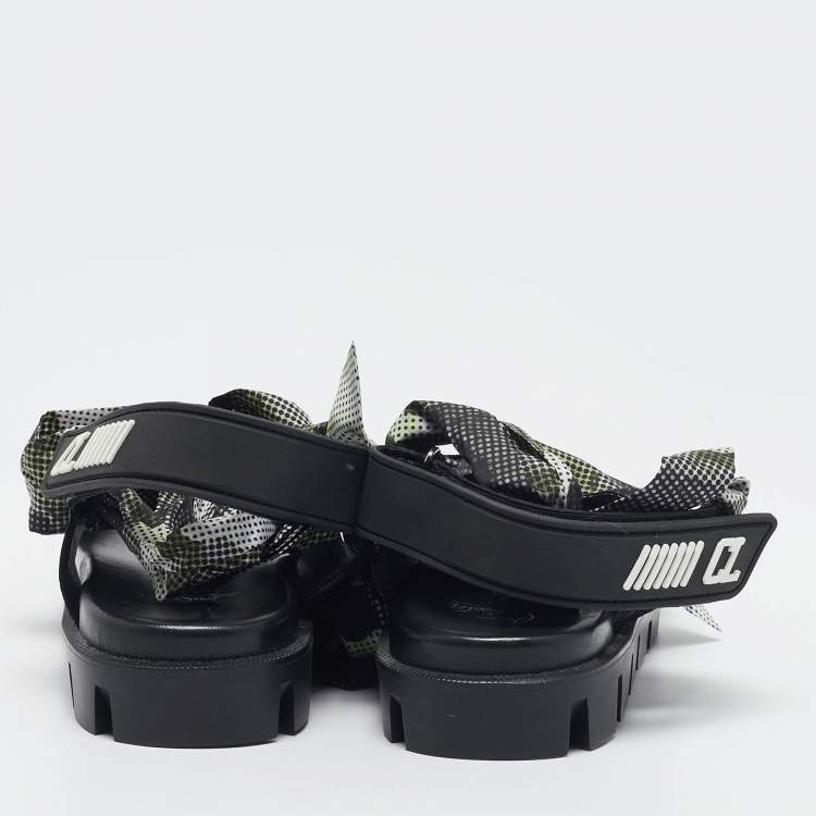 Pre Owned Christian Louboutin Green/Black Fabric and Leather Slingback Sandals Size 37