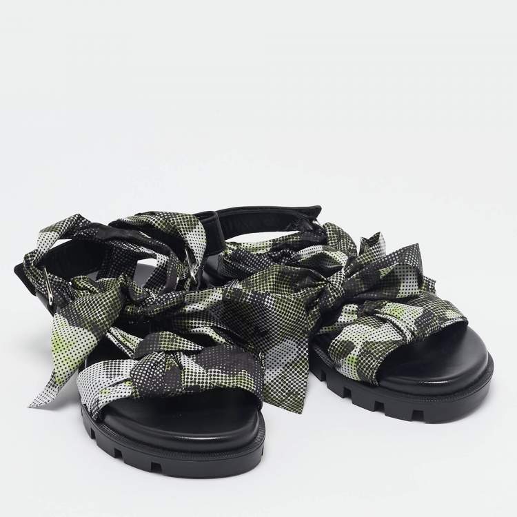 Pre Owned Christian Louboutin Green/Black Fabric and Leather Slingback Sandals Size 37