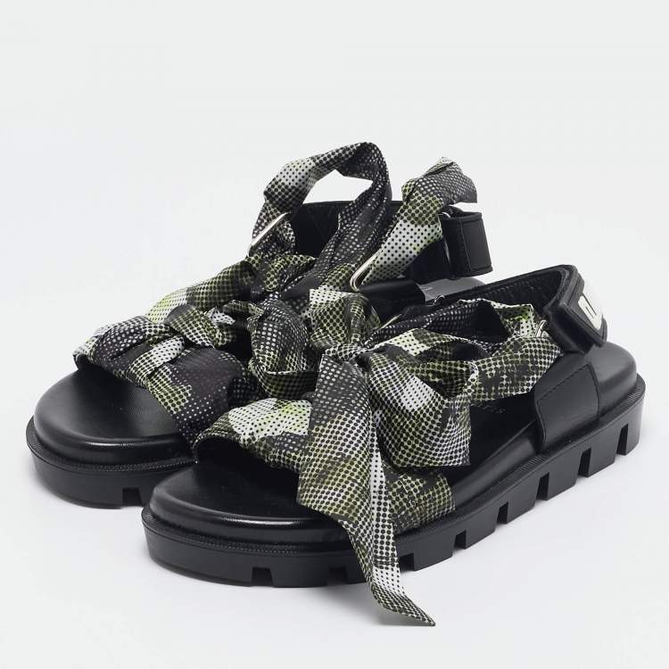 Pre Owned Christian Louboutin Green/Black Fabric and Leather Slingback Sandals Size 37
