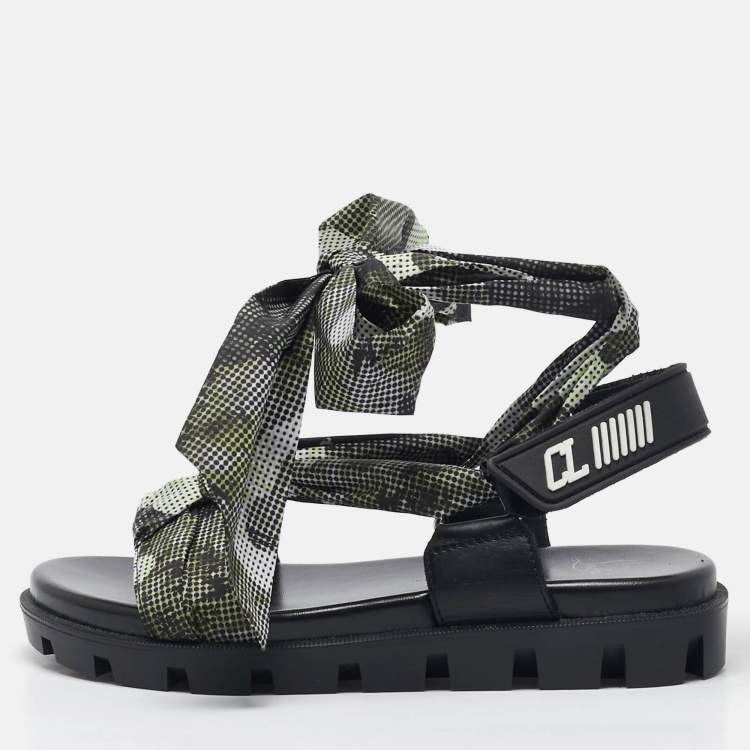 Pre Owned Christian Louboutin Green/Black Fabric and Leather Slingback Sandals Size 37