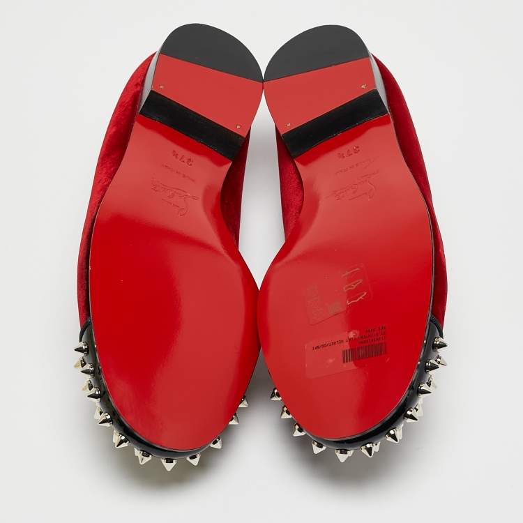 Pre Owned Christian Louboutin Red/Black Velvet and Patent Leather Spikes Intern Smoking Slippers Size 37.5