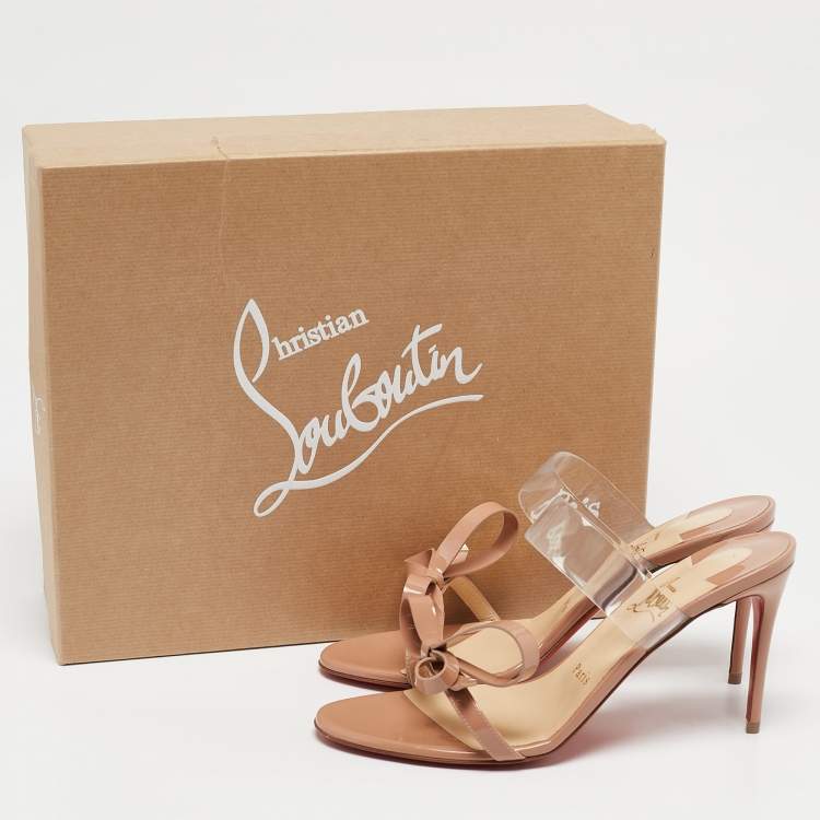 Pre Owned Christian Louboutin Beige Patent Leather and PVC Just Nodo Slide Sandals Size 38.5