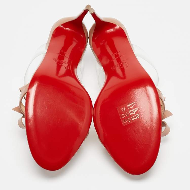 Pre Owned Christian Louboutin Beige Patent Leather and PVC Just Nodo Slide Sandals Size 38.5