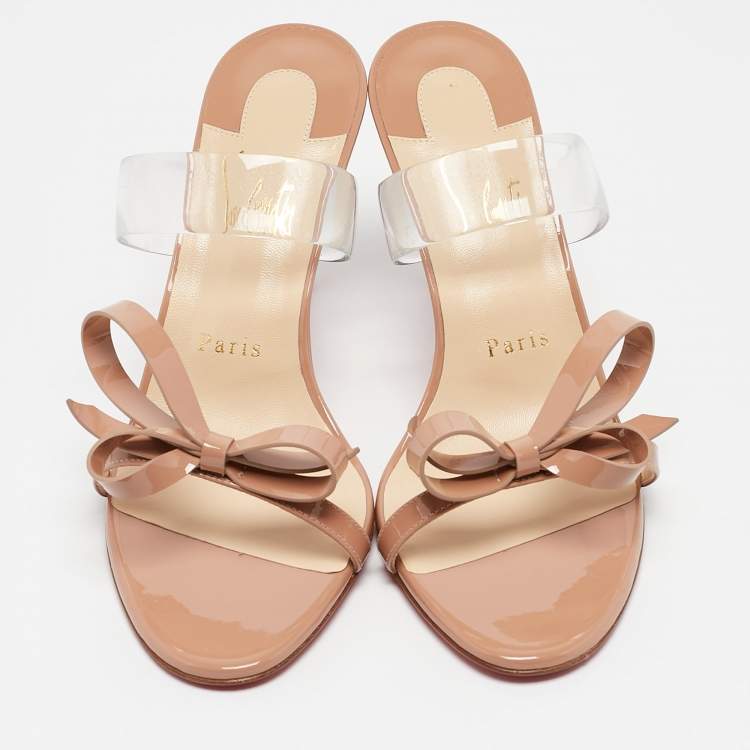 Pre Owned Christian Louboutin Beige Patent Leather and PVC Just Nodo Slide Sandals Size 38.5