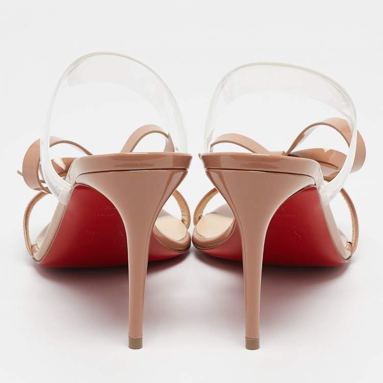 Pre Owned Christian Louboutin Beige Patent Leather and PVC Just Nodo Slide Sandals Size 38.5
