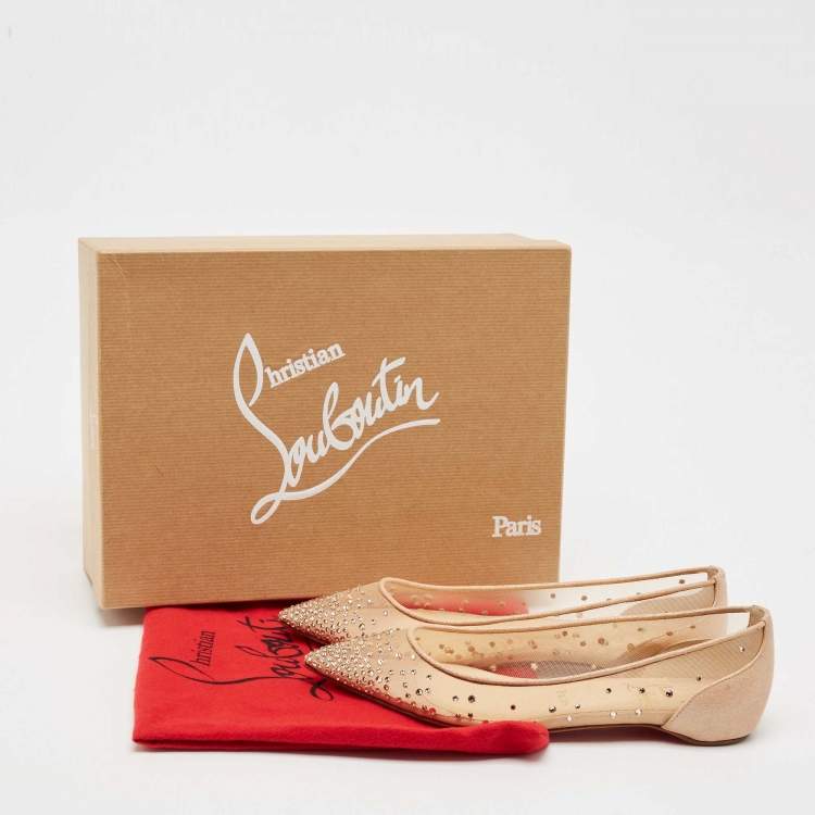 Pre Owned Christian Louboutin Metallic Beige Suede and Mesh Follies Strass Ballet Flats Size 36.5