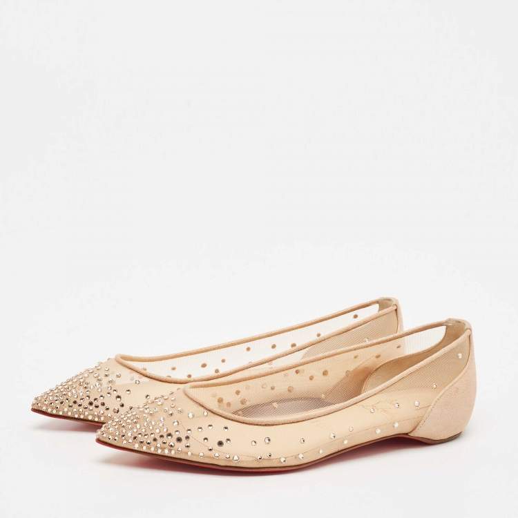 Pre Owned Christian Louboutin Metallic Beige Suede and Mesh Follies Strass Ballet Flats Size 36.5