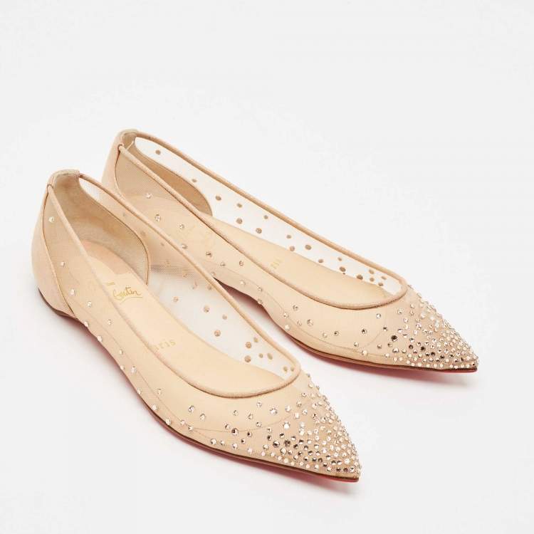 Pre Owned Christian Louboutin Metallic Beige Suede and Mesh Follies Strass Ballet Flats Size 36.5