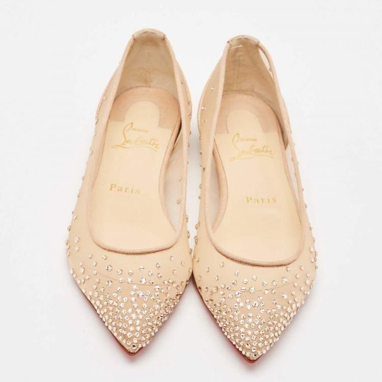 Pre Owned Christian Louboutin Metallic Beige Suede and Mesh Follies Strass Ballet Flats Size 36.5