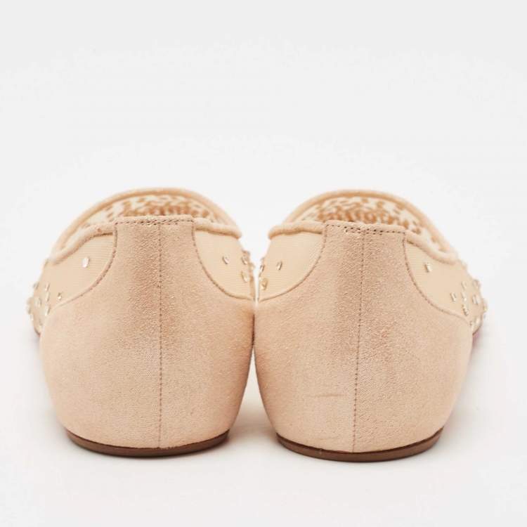 Pre Owned Christian Louboutin Metallic Beige Suede and Mesh Follies Strass Ballet Flats Size 36.5