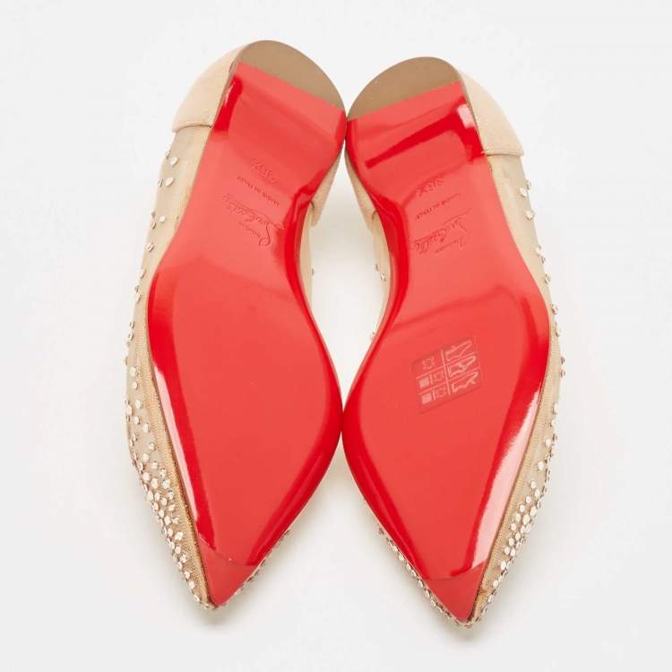 Pre Owned Christian Louboutin Metallic Beige Suede and Mesh Follies Strass Ballet Flats Size 36.5