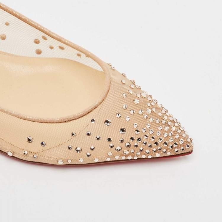 Pre Owned Christian Louboutin Metallic Beige Suede and Mesh Follies Strass Ballet Flats Size 36.5