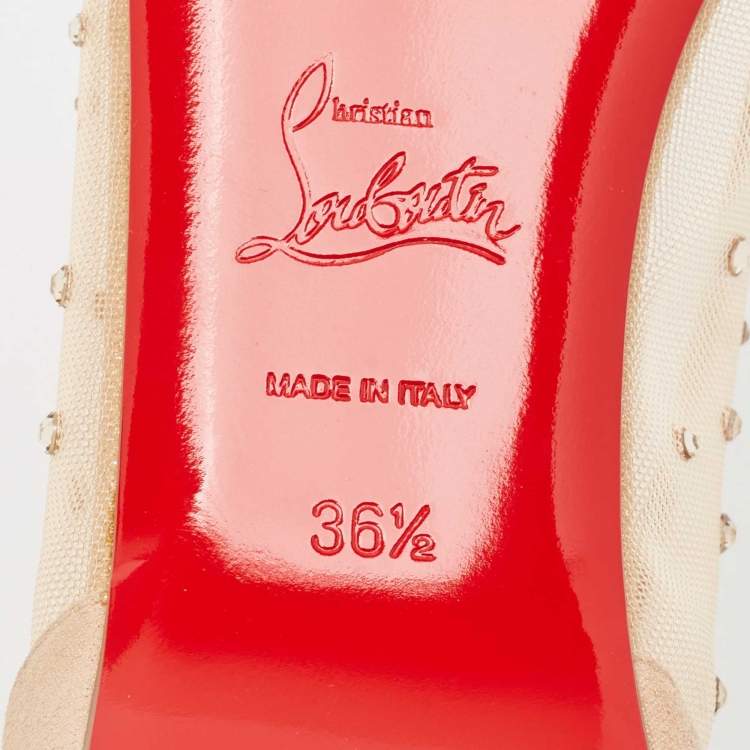 Pre Owned Christian Louboutin Metallic Beige Suede and Mesh Follies Strass Ballet Flats Size 36.5