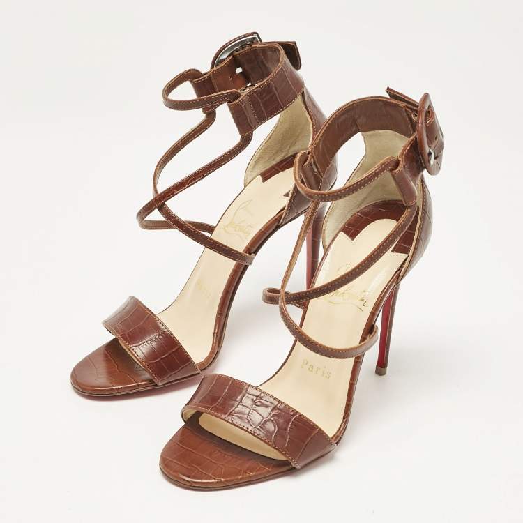 Pre Owned Christian Louboutin Brown Croc Embossed Leather Choca Sandals Size 36