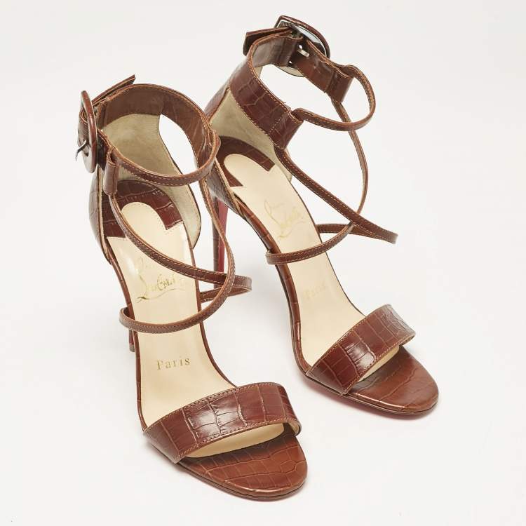 Pre Owned Christian Louboutin Brown Croc Embossed Leather Choca Sandals Size 36
