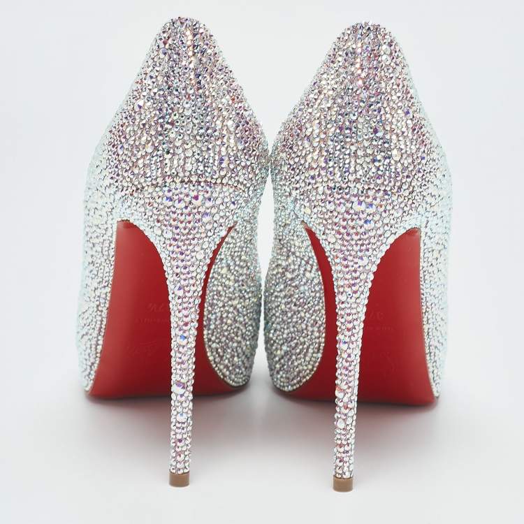 Pre Owned Christian Louboutin Metallic Pink Suede Crystal Embellished New Riche Peep Toe Pumps Size 37.5