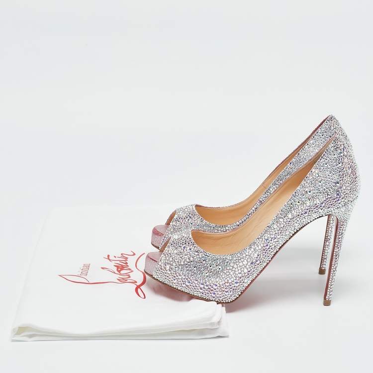 Pre Owned Christian Louboutin Metallic Pink Suede Crystal Embellished New Riche Peep Toe Pumps Size 37.5