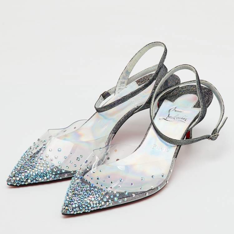 Pre Owned Christian Louboutin Transparent PVC Crystal Embellished Spikaqueen Ankle Strap Sandals Size 38.5