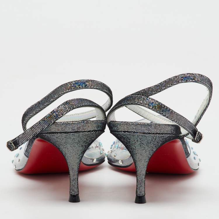 Pre Owned Christian Louboutin Transparent PVC Crystal Embellished Spikaqueen Ankle Strap Sandals Size 38.5