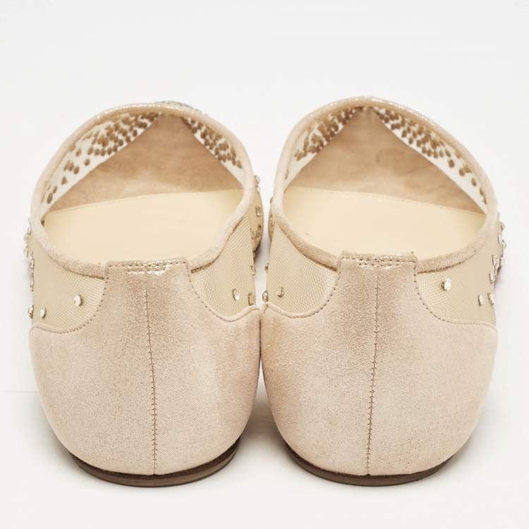 مملوكة مسبقًا Christian Louboutin Beige Embellished Mesh Follies Strass Pointed Toe Ballet Flats Size 34.5