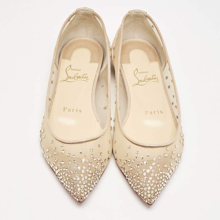 مملوكة مسبقًا Christian Louboutin Beige Embellished Mesh Follies Strass Pointed Toe Ballet Flats Size 34.5