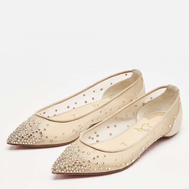 مملوكة مسبقًا Christian Louboutin Beige Embellished Mesh Follies Strass Pointed Toe Ballet Flats Size 34.5