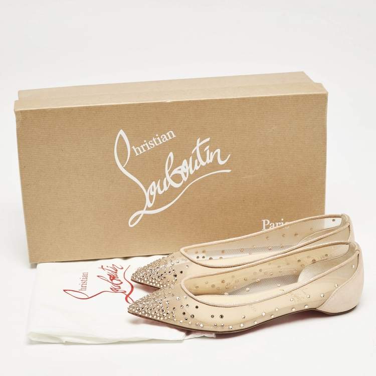 مملوكة مسبقًا Christian Louboutin Beige Embellished Mesh Follies Strass Pointed Toe Ballet Flats Size 34.5