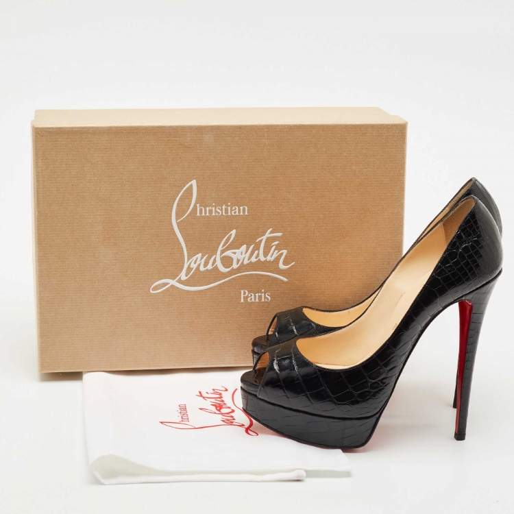 Pre Owned Christian Louboutin Black Alligator Lady Peep Toe Platform Pumps Size 38