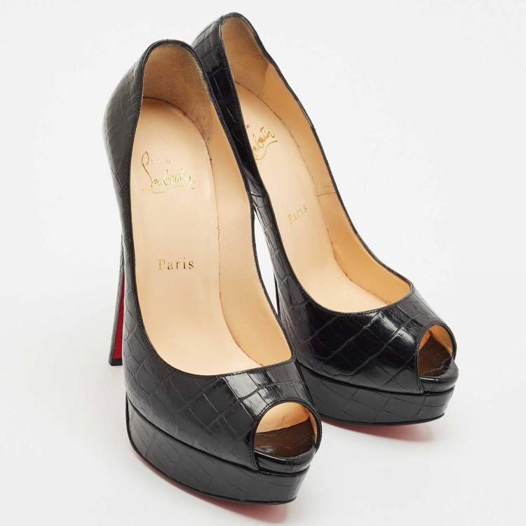 Pre Owned Christian Louboutin Black Alligator Lady Peep Toe Platform Pumps Size 38