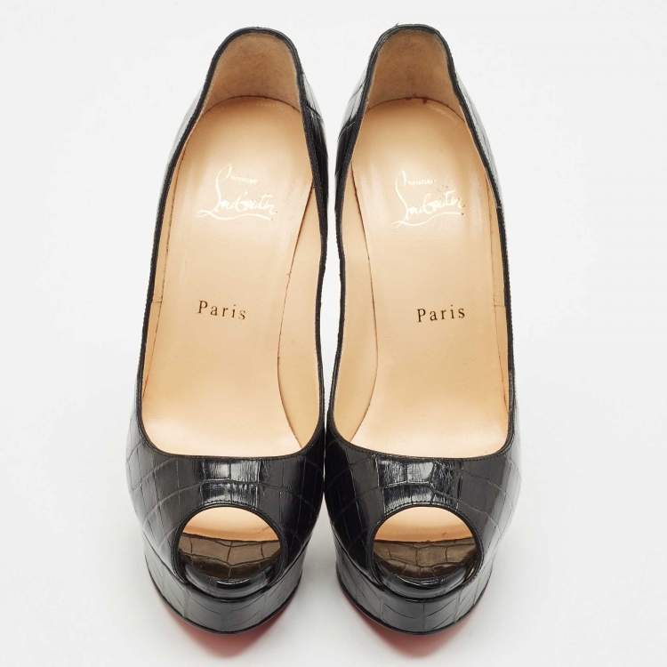 Pre Owned Christian Louboutin Black Alligator Lady Peep Toe Platform Pumps Size 38