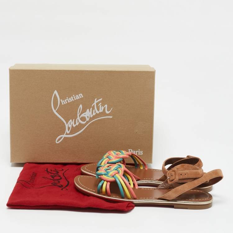 Pre Owned Christian Louboutin Multicolor Braided Leather and Suede Ella Flat Sandals Size 40