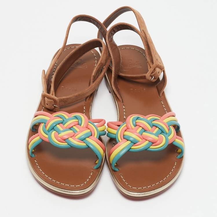 Pre Owned Christian Louboutin Multicolor Braided Leather and Suede Ella Flat Sandals Size 40