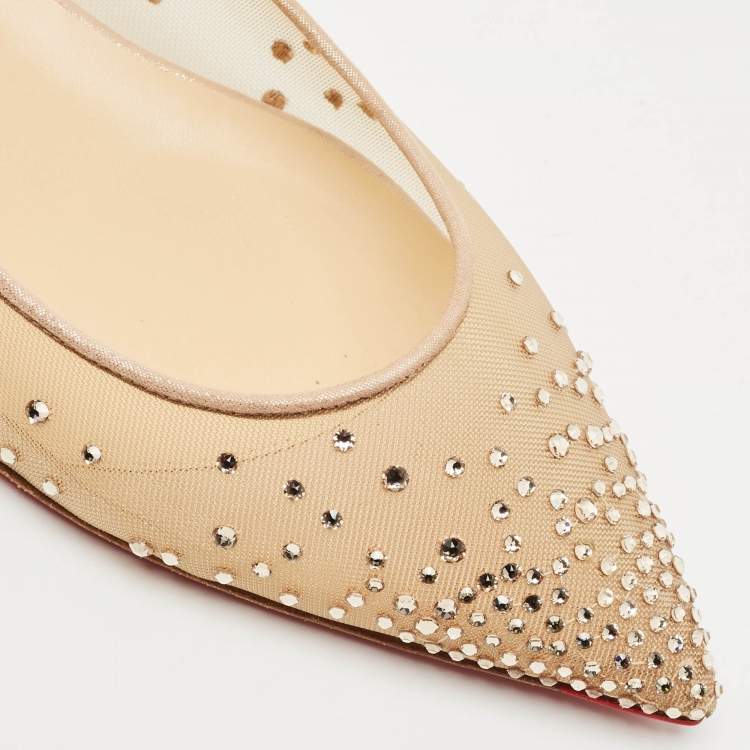 Pre Owned Christian Louboutin Beige Suede and Mesh Follies Strass Ballet Flats Size 40.5