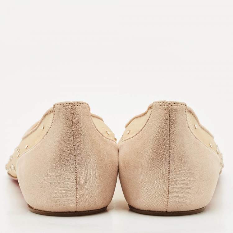 Pre Owned Christian Louboutin Beige Suede and Mesh Follies Strass Ballet Flats Size 40.5