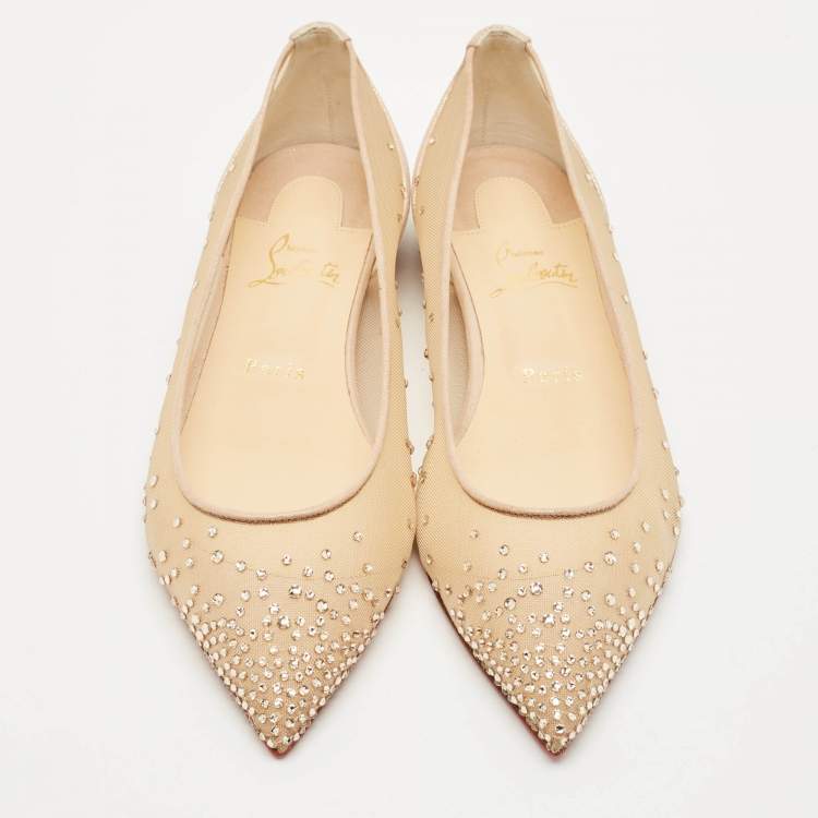 Pre Owned Christian Louboutin Beige Suede and Mesh Follies Strass Ballet Flats Size 40.5