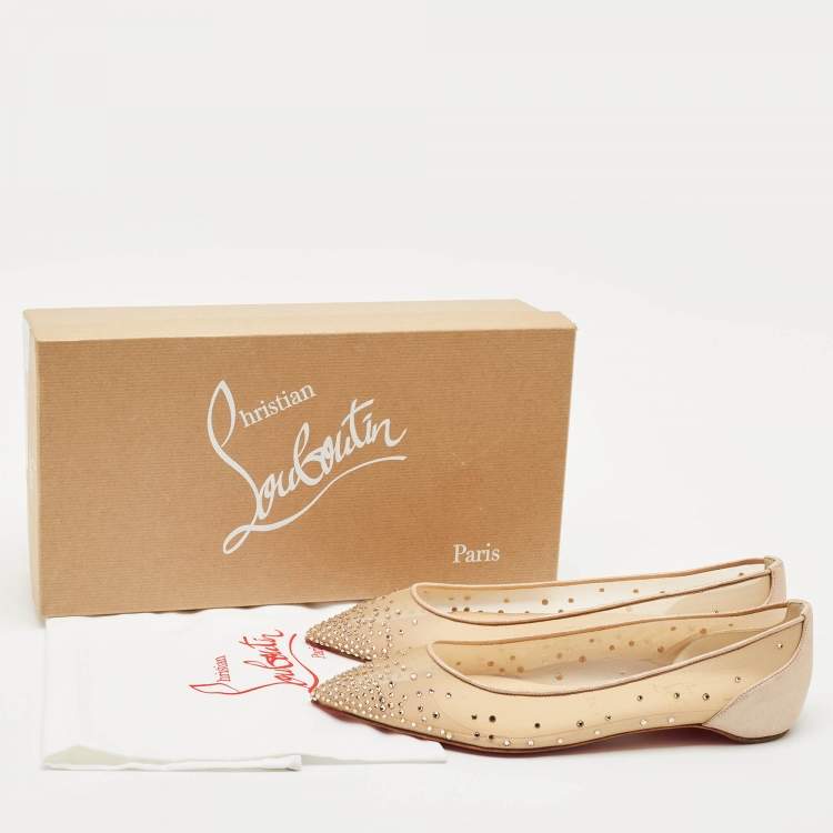 Pre Owned Christian Louboutin Beige Suede and Mesh Follies Strass Ballet Flats Size 40.5
