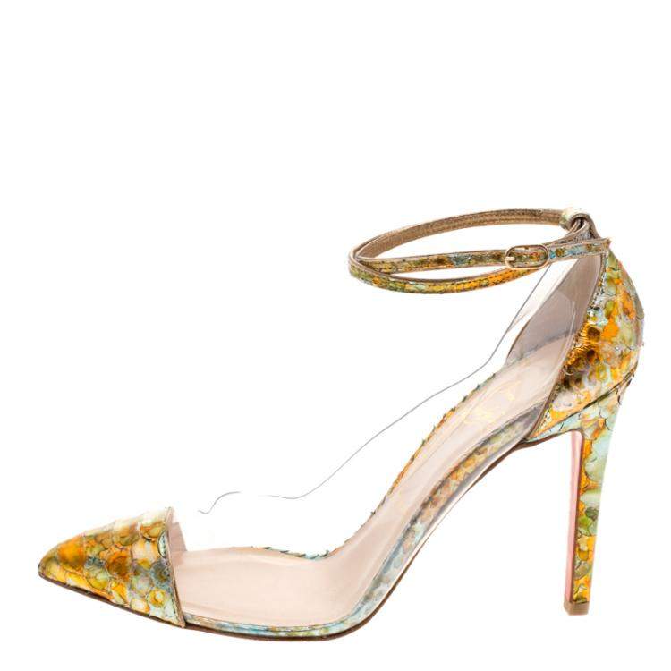 Pre Owned Christian Louboutin Multicolor Metallic Python and PVC Pigalle Un Bout Ankle Strap Pumps Size 37.5