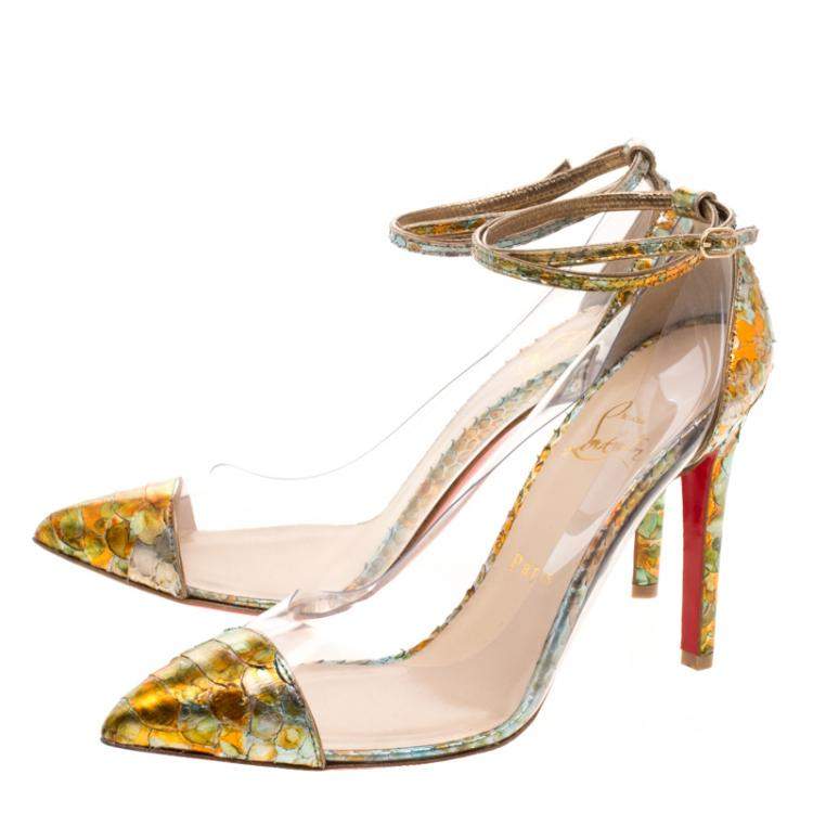 Pre Owned Christian Louboutin Multicolor Metallic Python and PVC Pigalle Un Bout Ankle Strap Pumps Size 37.5
