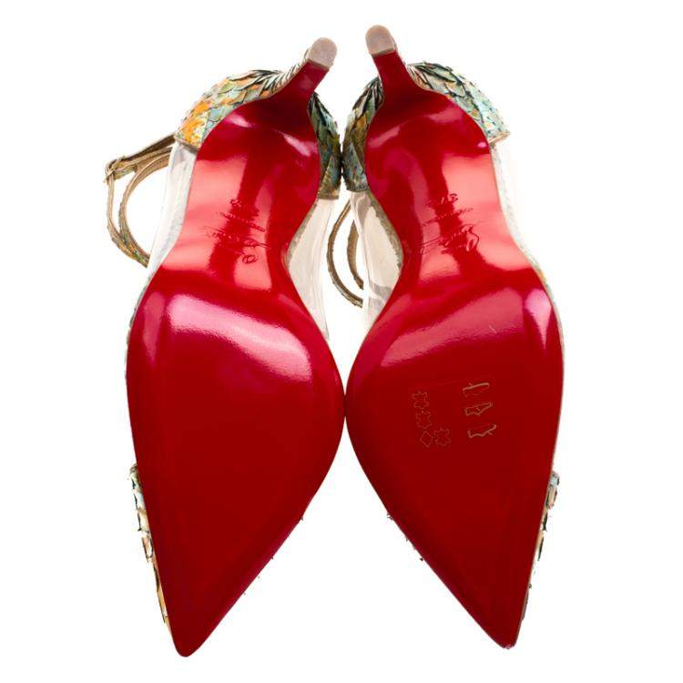Pre Owned Christian Louboutin Multicolor Metallic Python and PVC Pigalle Un Bout Ankle Strap Pumps Size 37.5